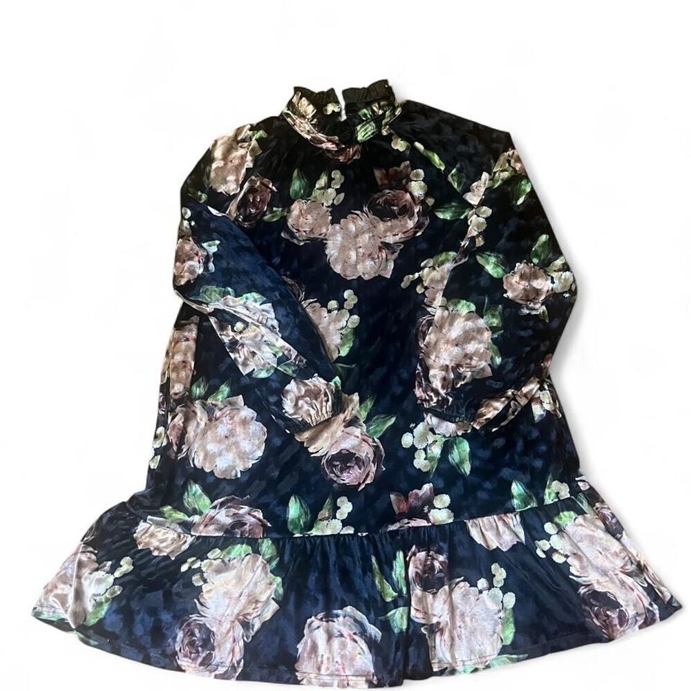 Suzanne Betro Women's Black and Pink Floral Velvet Tiered Mockneck Dress SZ 1X